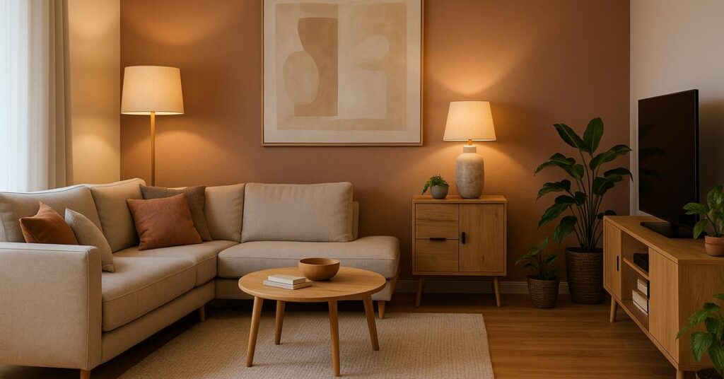 Moderne nieuwbouw woonkamer ingericht met neutrale tinten, textiel en accessoires voor een warm thuisgevoel